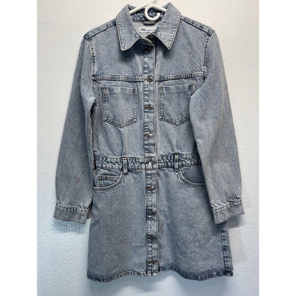 ZARA Denim Long Sleeve Button Up Jean Mini Dress Sz L Light Blue Wash w/ Pockets - Picture 1 of 16